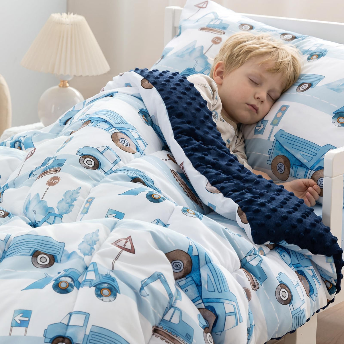 PHF 4 Piece Minky Toddler Bedding Set, Ultra Soft Fluffy Skin-Friendly Soothing Minky Dot Toddler Comforter Set, Unique Pattern Breathable All Season Bedding Set for Boys,Truck