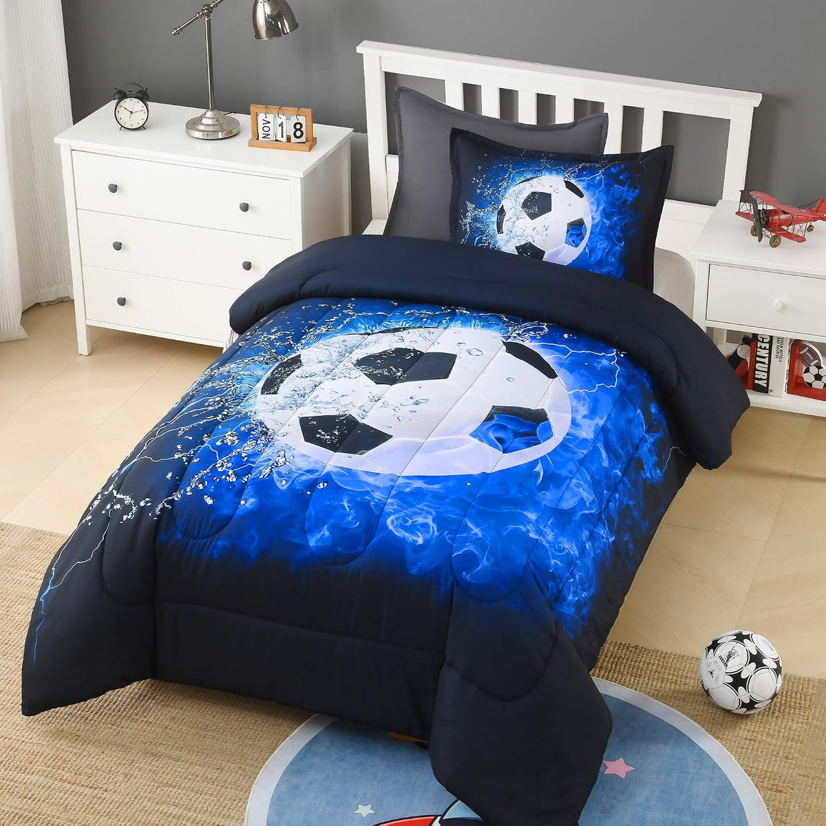 Andency Soccer Comforter Twin(66x90 Inch), 2 Pieces(1 Soccer Comforter, 1 Pillowcase) Blue Flame Soccer Comforter Set Sport Microfiber Bedding Set for Boy Girl Kids, Teen
