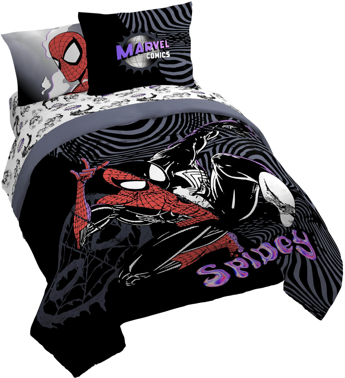 Jay Franco Kids Comforter Set Includes Sheets and Pillow Covers - Soft and Cozy Bed Set for Stylish Room Decor, Official Licensed Bedding, Black - Spiderman, 5 Piece Twin