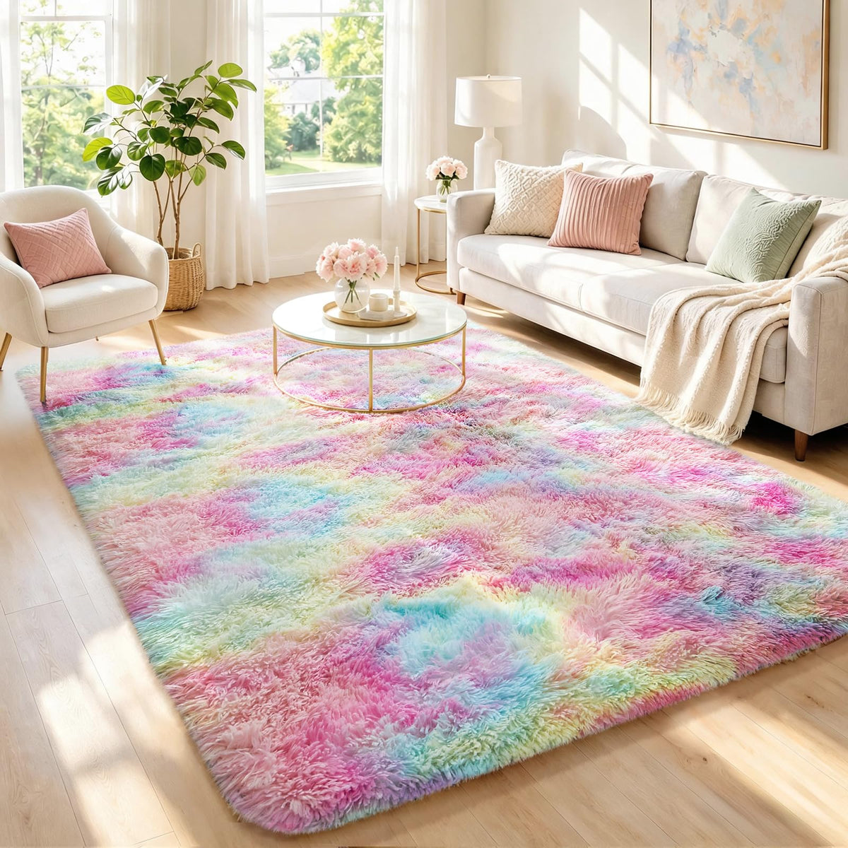 Ophanie Round Rugs 5Ft Ivory Circle Area Rug,Baby Nursery Living Room Bedroom Decor Circular Carpet 5 Foot,Fluffy Fuzzy Shag Plush Cream for Kids Boys Girls Teen with Over 99 pcs Pile fibers