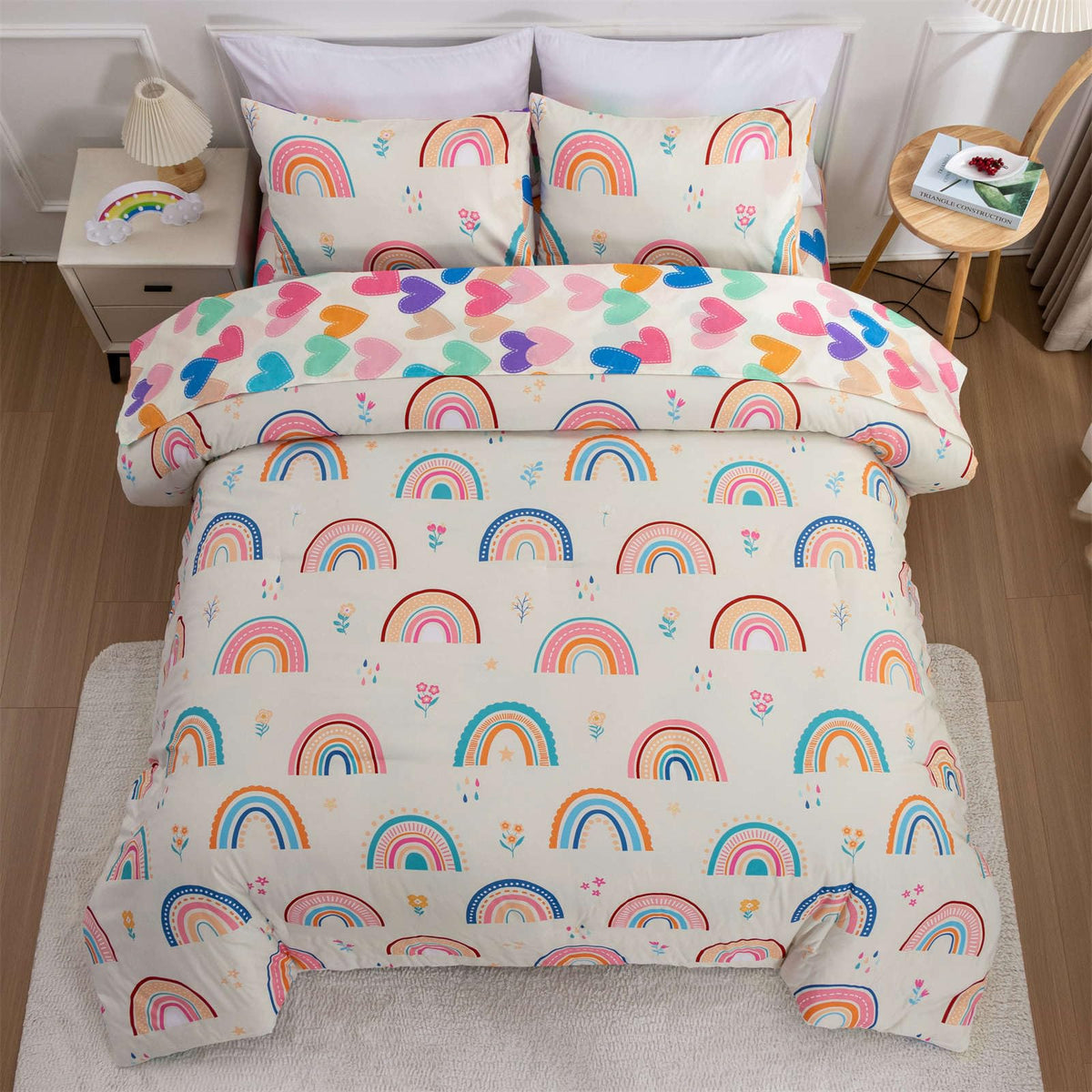 Btargot 5 Piece Full Size Pink Rainbow Comforter Set for Girls Boys Kids, Cartoon Cartoon Butterfly Bedding Set, Bed in a Bag with Comforter, Sheets and Pillowcases