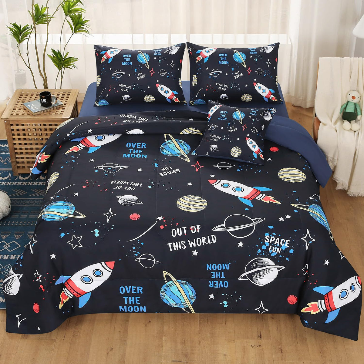 JQinHome Twin Galaxy Comforter Sets 6 Piece Bed in A Bag, Outer Space Themed Bedding for Children Boy Girl Teen Kids,1 Comforter, 1 Flat Sheet, 1 Fitted Sheet, 2 Pillowshams, 1 Cushion Cover(Blue)