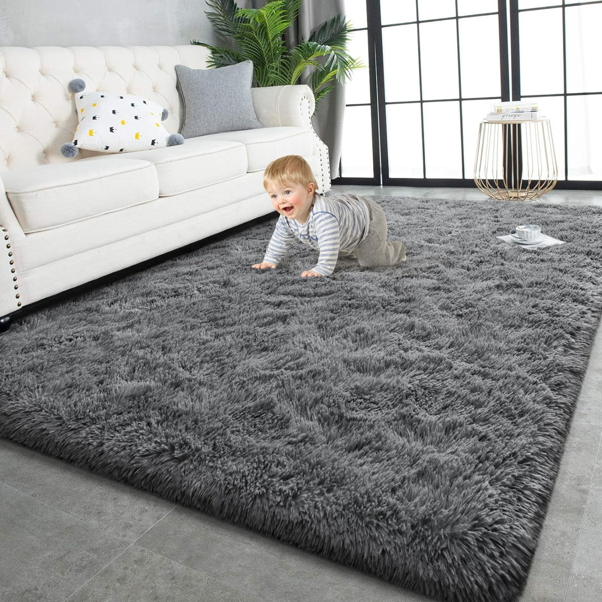 TWINNIS Super Soft Shaggy Rugs Fluffy Carpets, 4x5.9 Feet, Indoor Modern Plush Area Rugs for Living Room Bedroom Kids Room Nursery Home Decor, Upgrade Anti-Skid Rectangular Fuzzy Rug, Grey