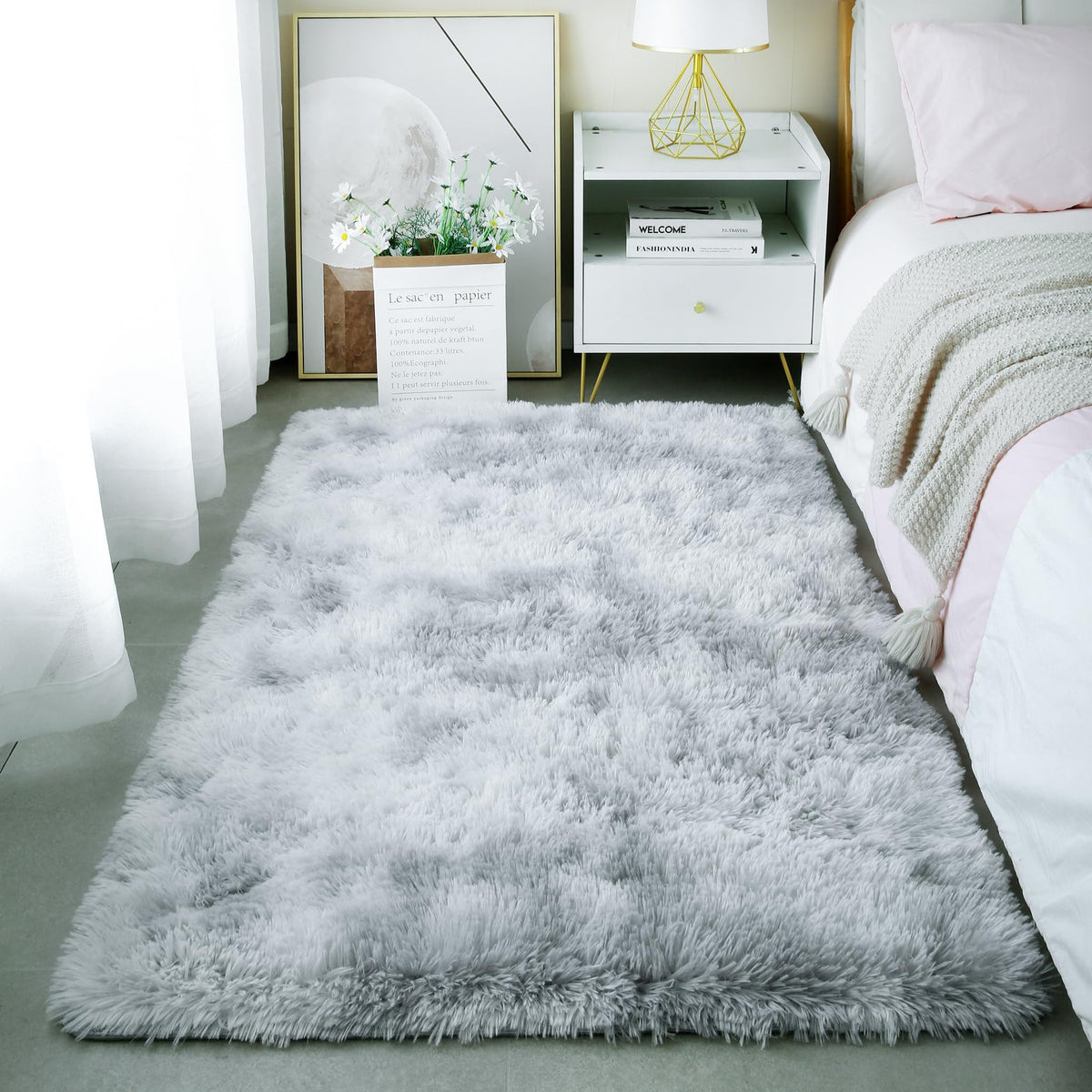 4x6 Light Grey Fluffy Shag Rug for Bedroom, Plush Washable Carpet