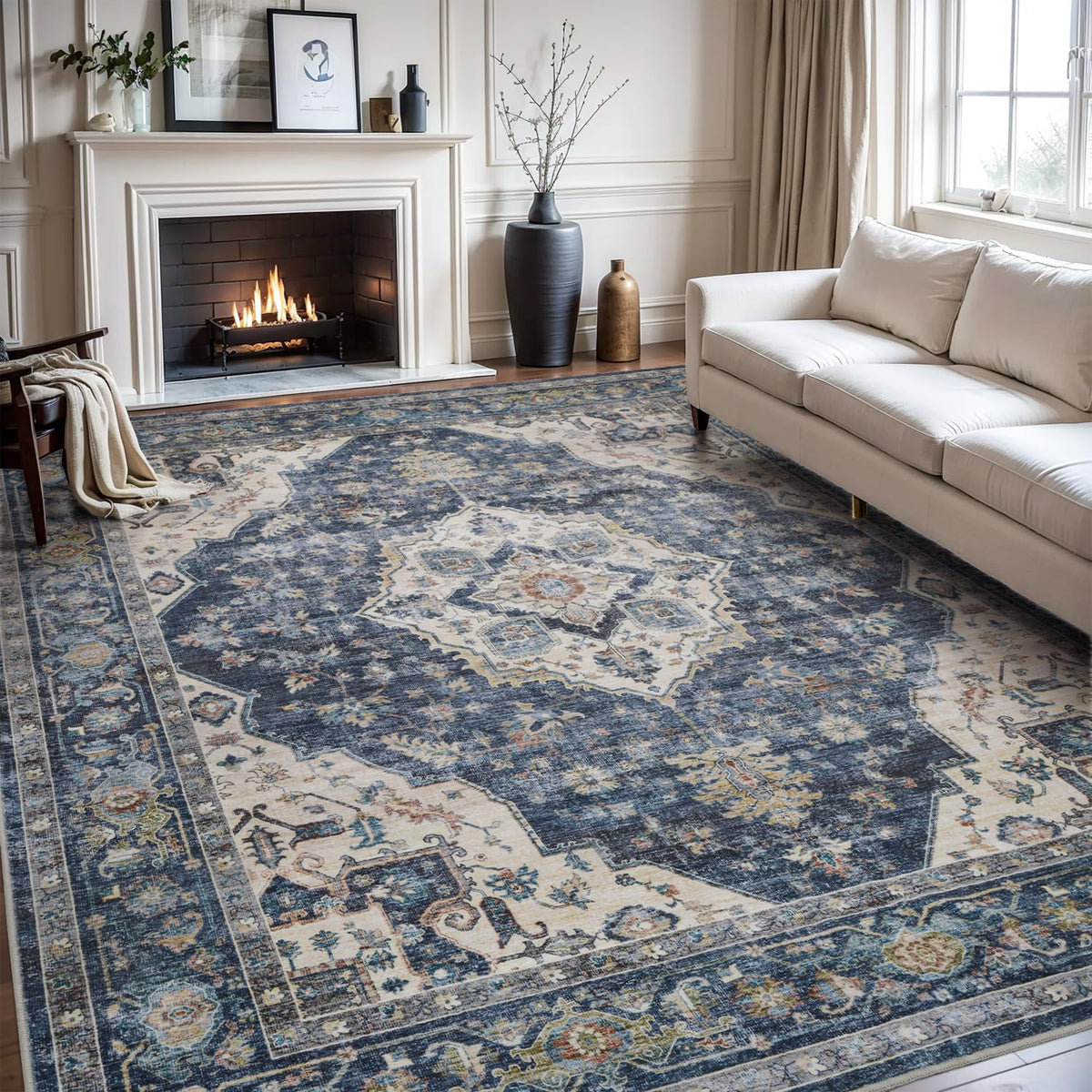 AMOAMI-Area Rug 5X7 Rugs for Living Room-Vintage Soft Beige Rugs for Bedroom-Non Slip Carpet-Machine Washable Rug for Dining Room Living Room Bedroom Office Under Table-Beige