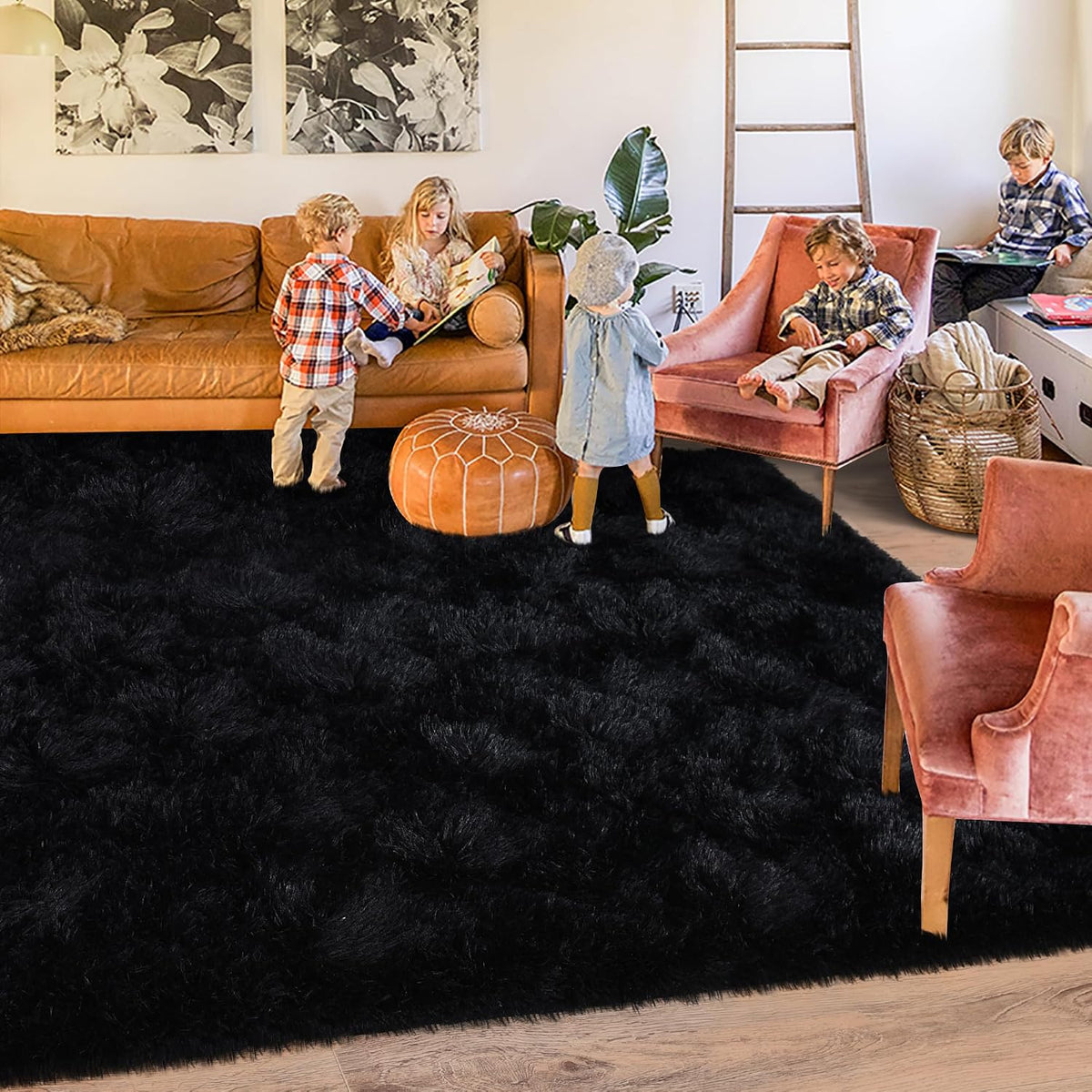 Black Rug for Bedroom, Soft Shaggy Modern Shag 4x6 Area Rugs for Living Room, Upgrade Non-Slip Plush Fluffy Carpet for Kids Boys Girls Room Dorm Home Decor Aesthetic