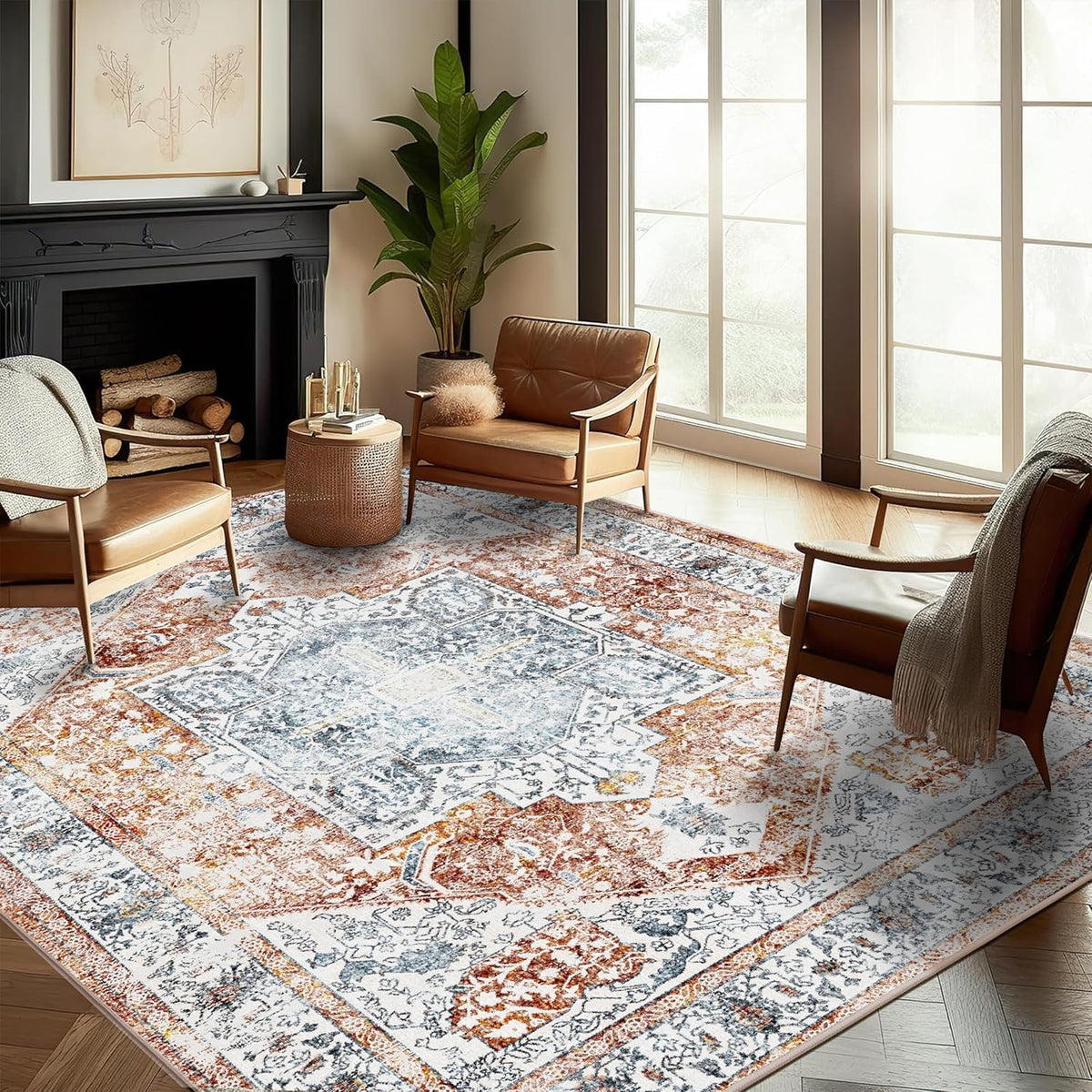 CHAMPLANT Area Rug 4x6 Washable Rug Gray Vintage Traditional Floor Cover Foldable Thin Retro Accent Indoor Distressed Non Slip Carpet Floral Print Mat Bedroom Living Room Bathroom
