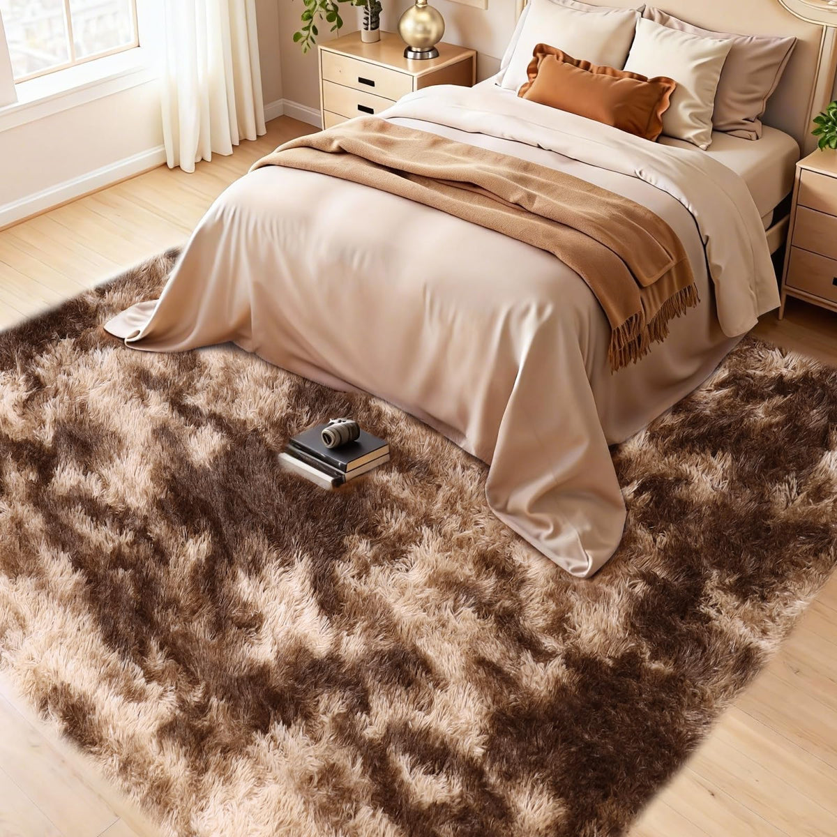 8x10 Cream Fluffy Shag Area Rug, Non-Slip Soft Carpet for Home