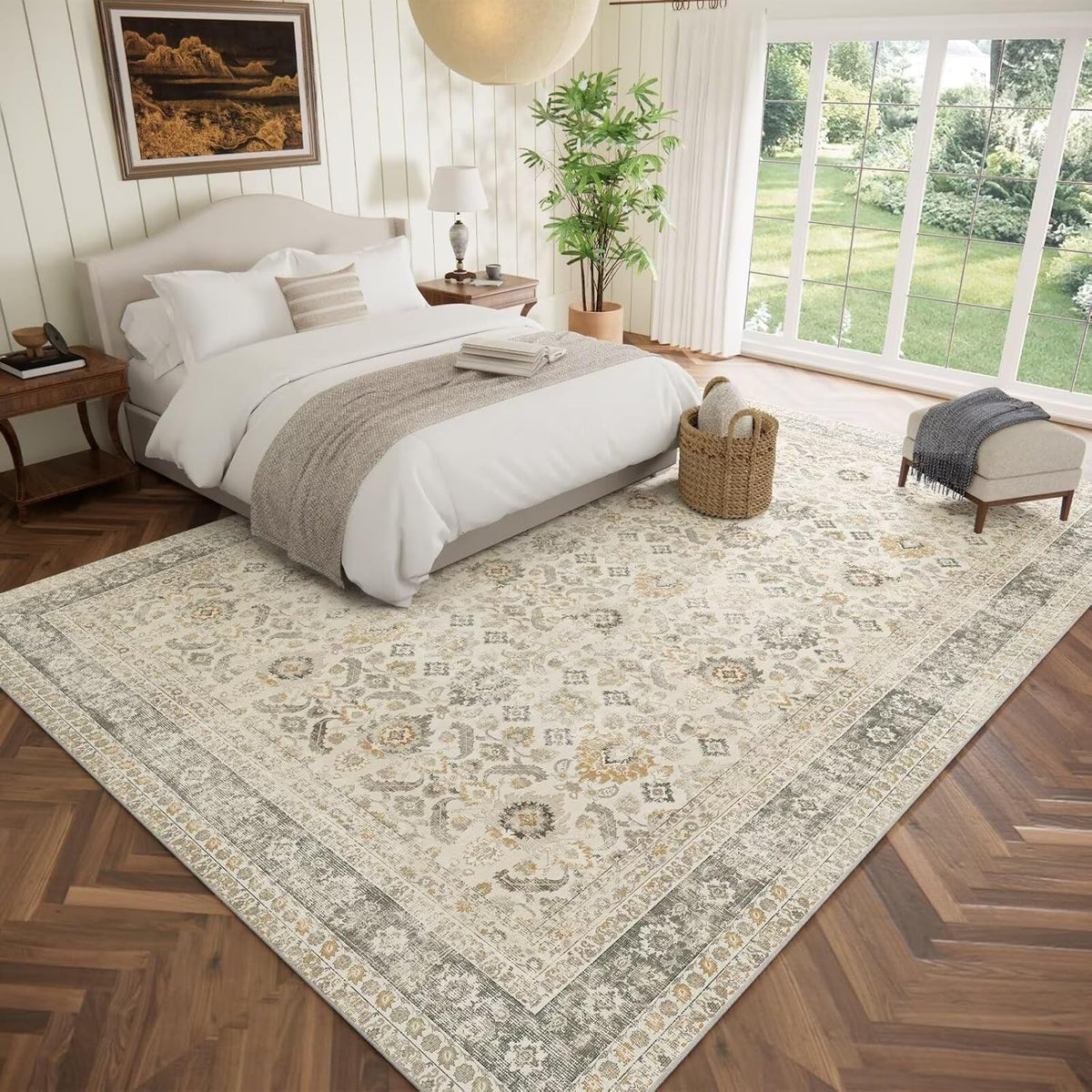 Washable 10x14 Area Rugs for Living Room, Ivory/Sage Gold