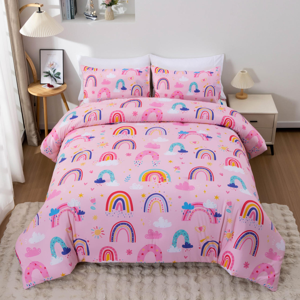 Btargot Lightweight Soft 3 Piece Rainbow Comforter Set with 2 Pillow Covers, Cartoon Love Hearts Flowers and Grass Bedding Set for Girls Boys Kids, Full Multi-Color