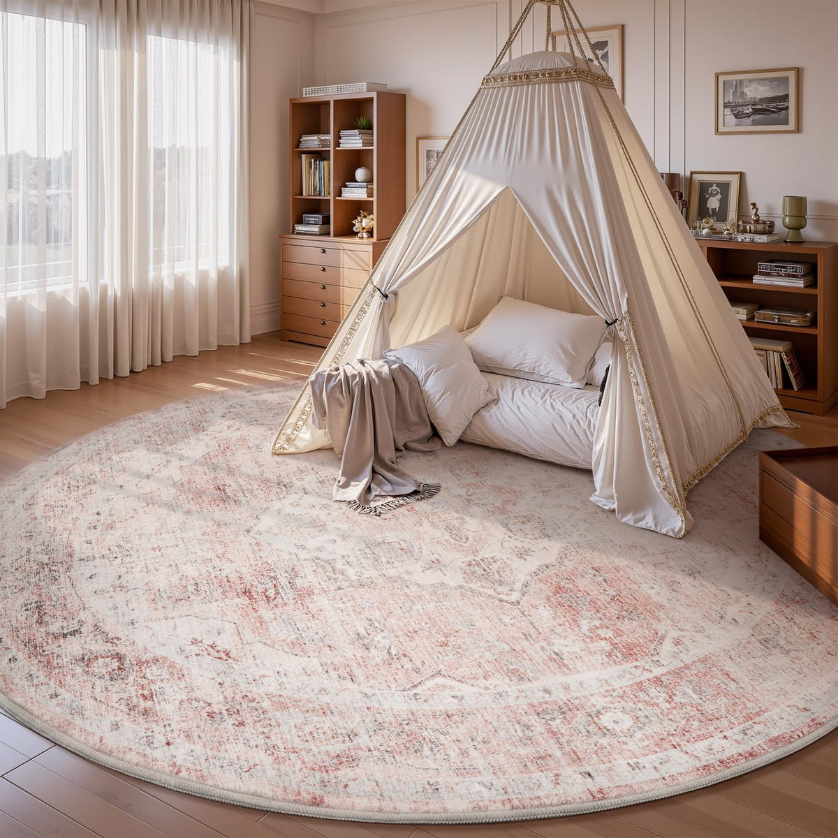 AMOAMI-Area Rug 5X7 Rugs for Living Room-Vintage Soft Beige Rugs for Bedroom-Non Slip Carpet-Machine Washable Rug for Dining Room Living Room Bedroom Office Under Table-Beige