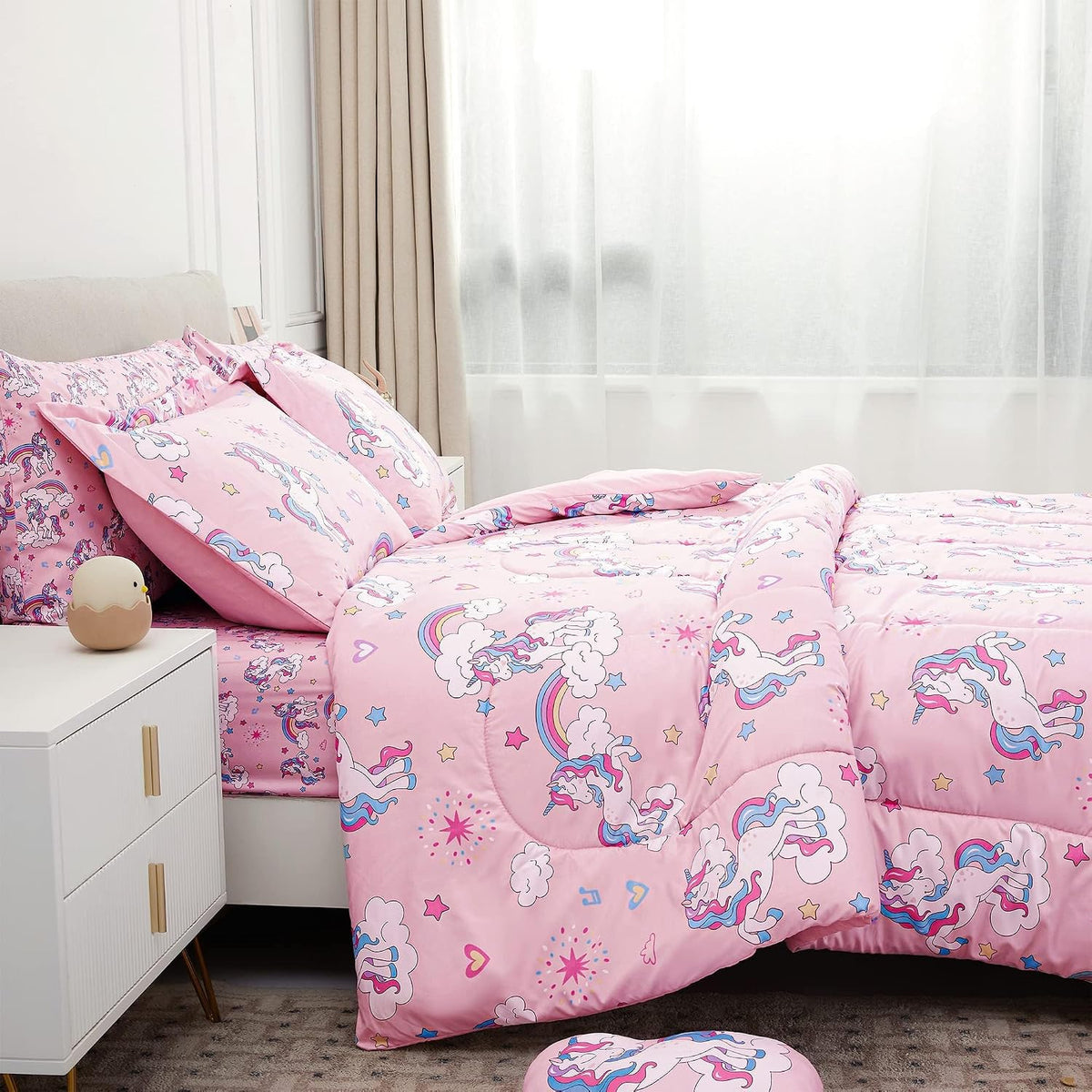 Mooreeke Kids Twin Comforter Sets for Girls 6 Pieces Pink Unicorn Bedding Set for Teens Soft Microfiber Kids Bed in A Bag with Comforter, Sheet Set, Shams and Decorative Toy Pillow All Season