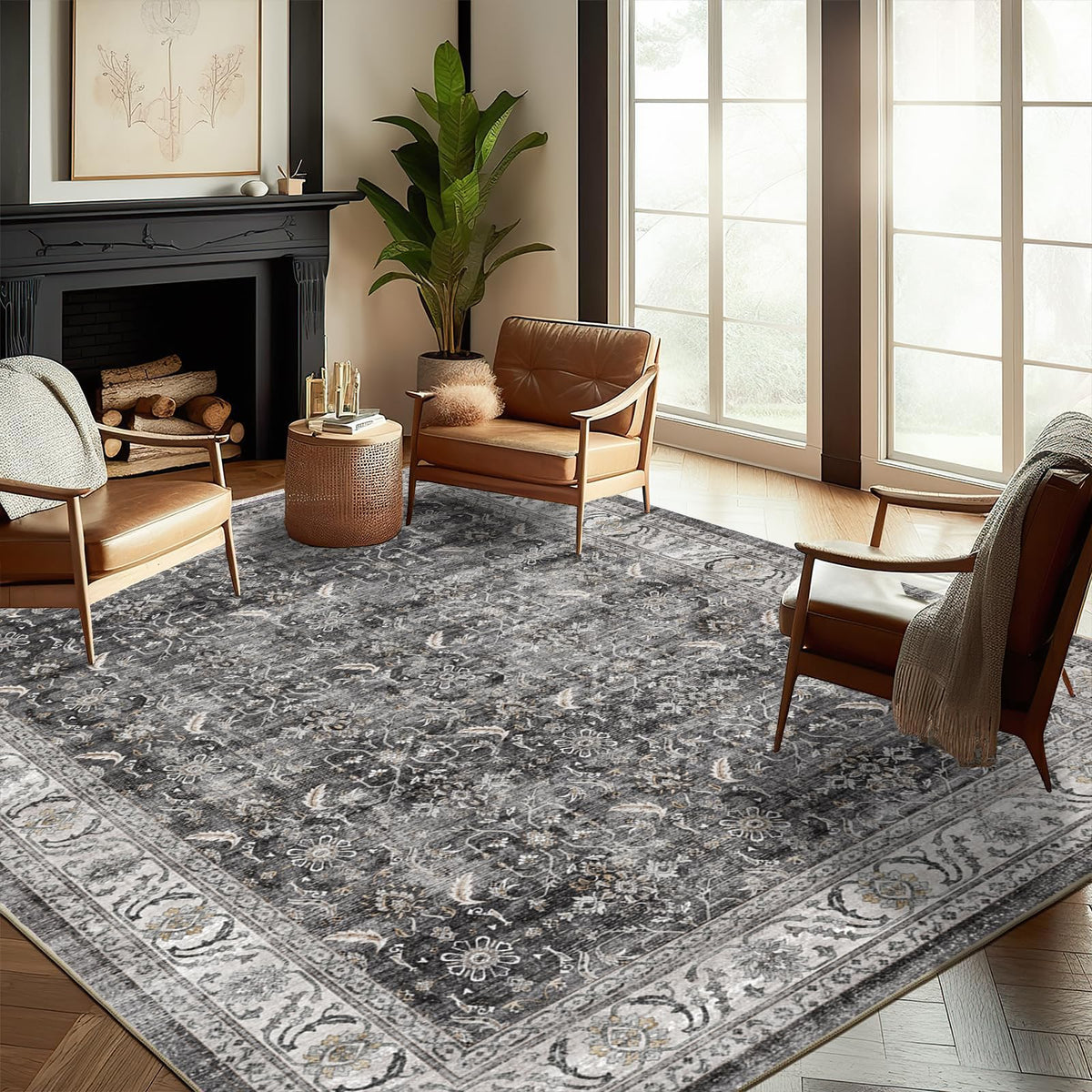 CHAMPLANT Area Rug 4x6 Washable Rug Gray Vintage Traditional Floor Cover Foldable Thin Retro Accent Indoor Distressed Non Slip Carpet Floral Print Mat Bedroom Living Room Bathroom
