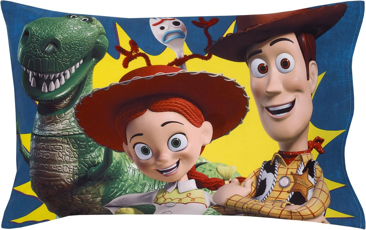NoJo Disney Toy Story Taking Action Blue, Green and Yellow 4 Piece Toddler Bed Set - Comforter, Fitted Bottom Sheet, Flat Top Sheet, and Reversible Pillowcase