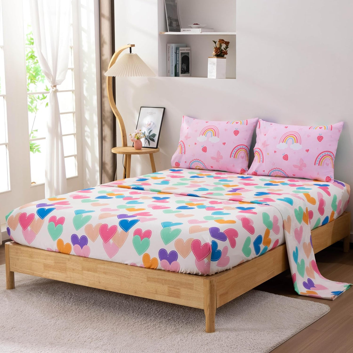 Btargot 5 Piece Full Size Pink Rainbow Comforter Set for Girls Boys Kids, Cartoon Cartoon Butterfly Bedding Set, Bed in a Bag with Comforter, Sheets and Pillowcases