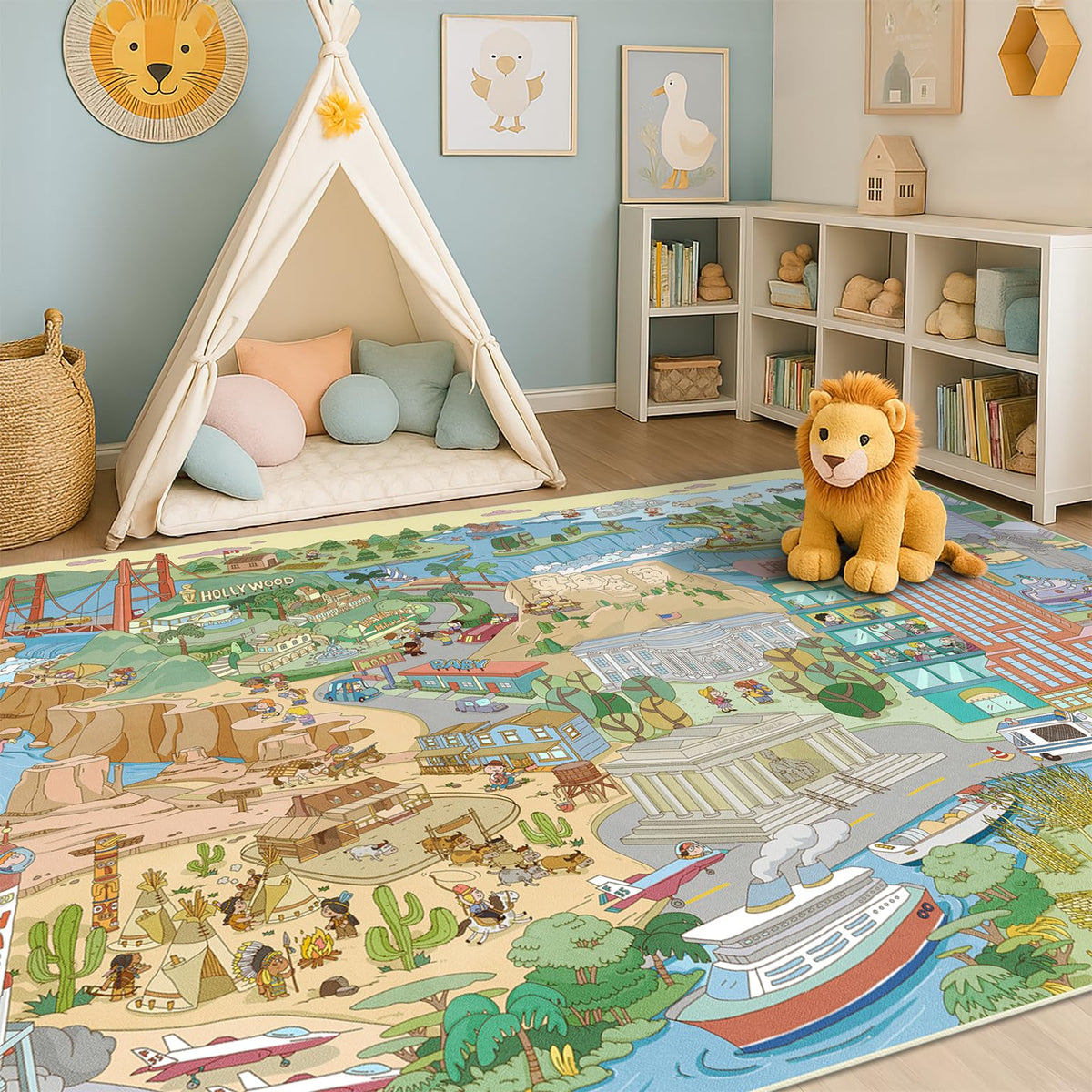 Hazo Haus Washable Kids Playroom Rug – 5x7 Play Rug for Preschool Toddlers, Girls, Educational with Cute Animals – Non-Slip, Stain Resistant, Soft & Safe for Bedroom, Play Room and Classroom - Blue