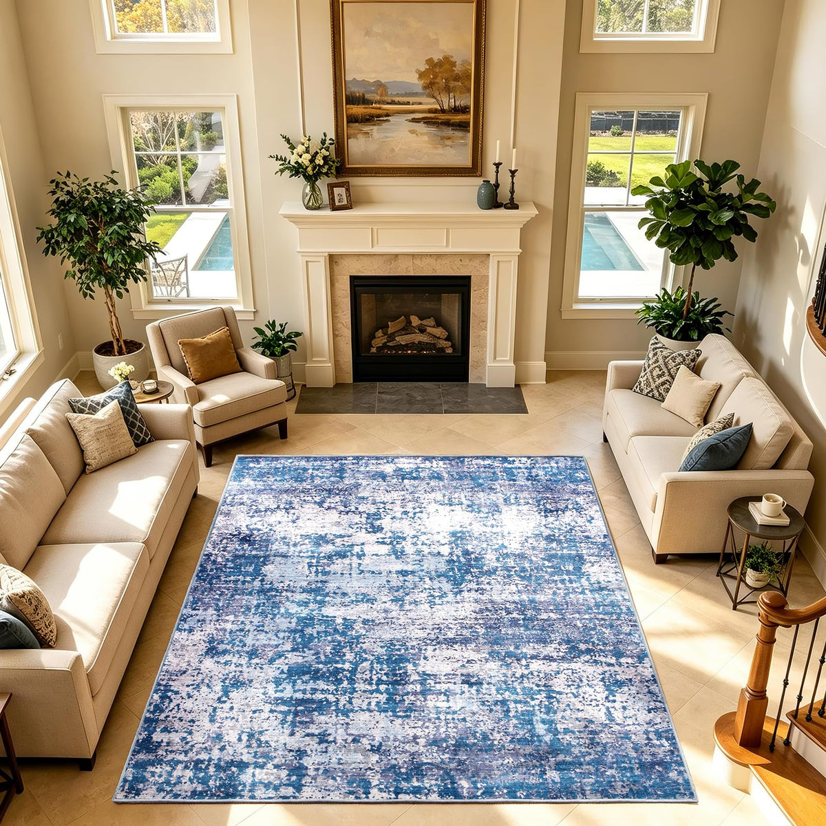 5x7 Area Rugs Living Room Rug Abstract Washable Rug Non-Slip Soft Low Pile Indoor Floor Stain Resistant Thin Carpet for Bedroom Dining Room Home Office Farmhouse Nursery - Light Gray & Cream 5' x 7'