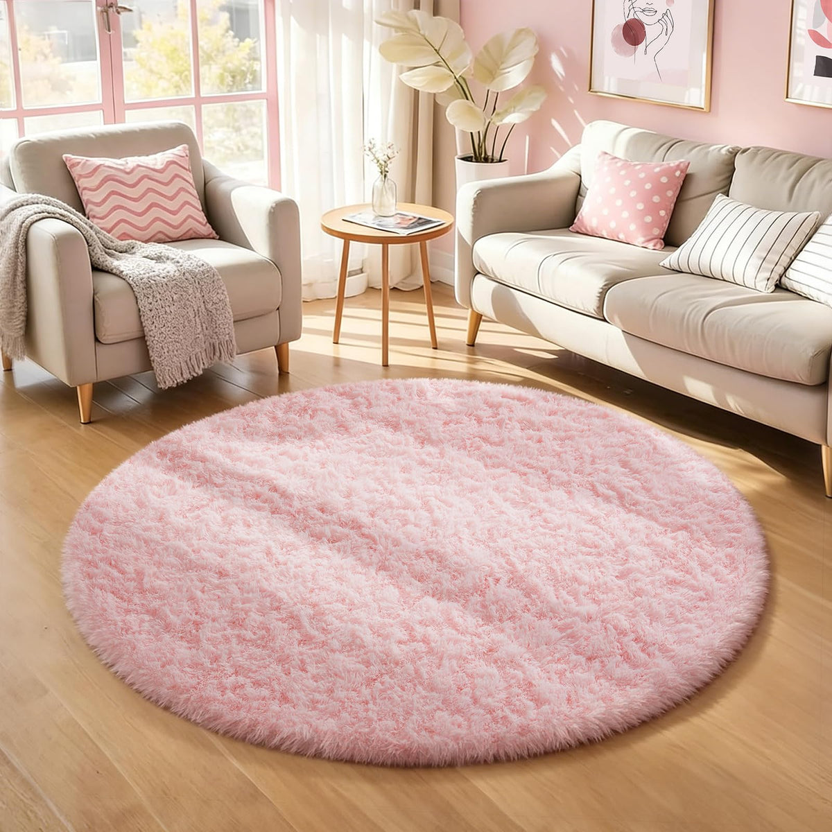 Ophanie Round Rugs 5Ft Ivory Circle Area Rug,Baby Nursery Living Room Bedroom Decor Circular Carpet 5 Foot,Fluffy Fuzzy Shag Plush Cream for Kids Boys Girls Teen with Over 99 pcs Pile fibers