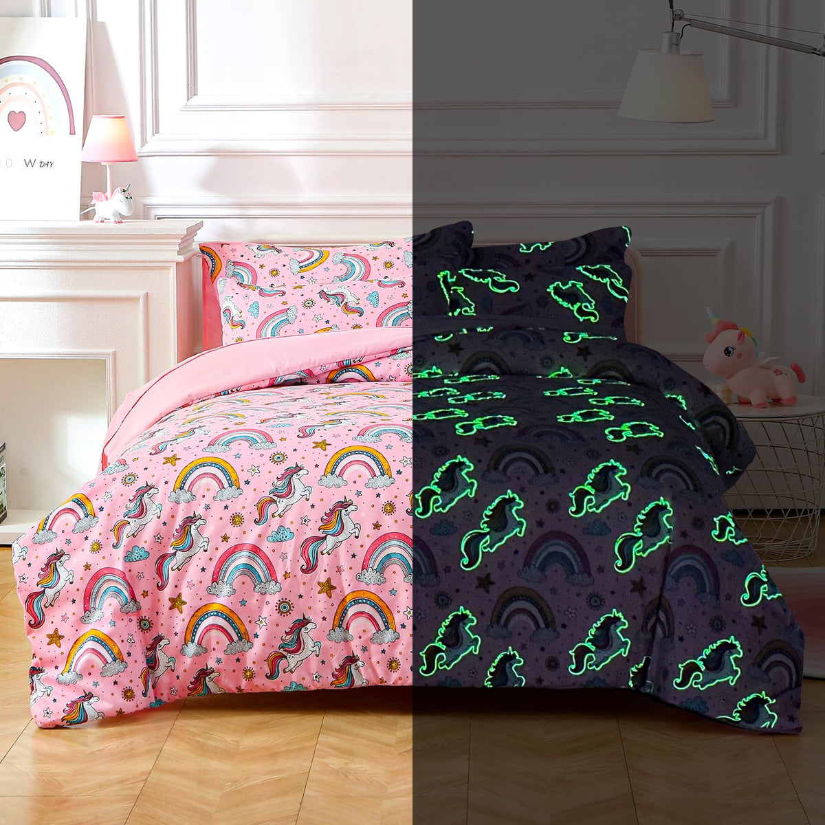 Glow in The Dark Kids Comforter Set, 3 Pieces Blue Space Bedding Set Twin Size for Boys Girls Teen, 1 Comforter, 1 Pillowcase, 1 Pillow Sham