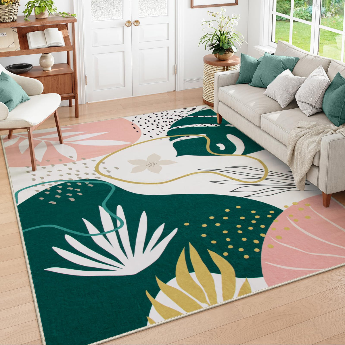Lahome Pink Boho Nursery Rug 4x6, Washable Non Slip Soft Botanical Area Rug for Girls Bedroom Kids Room Playroom Dorm Apartment Decor