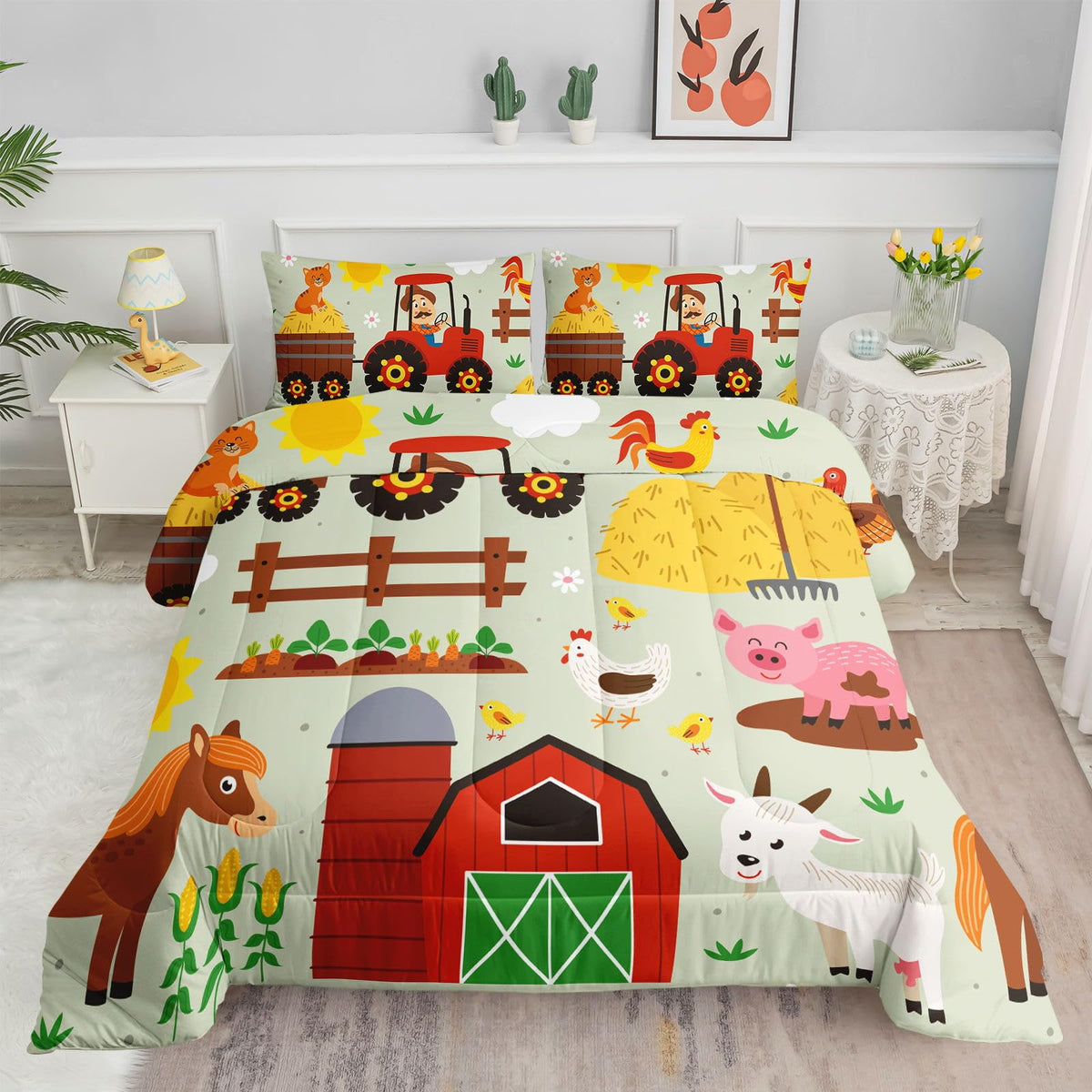Kids Comforter Set Farm Theme Printed Pattern Bedding Set with 1 Comforter and 2 Pillowcases for Girls Boys Bedroom All Season(Farm Theme01 Twin)