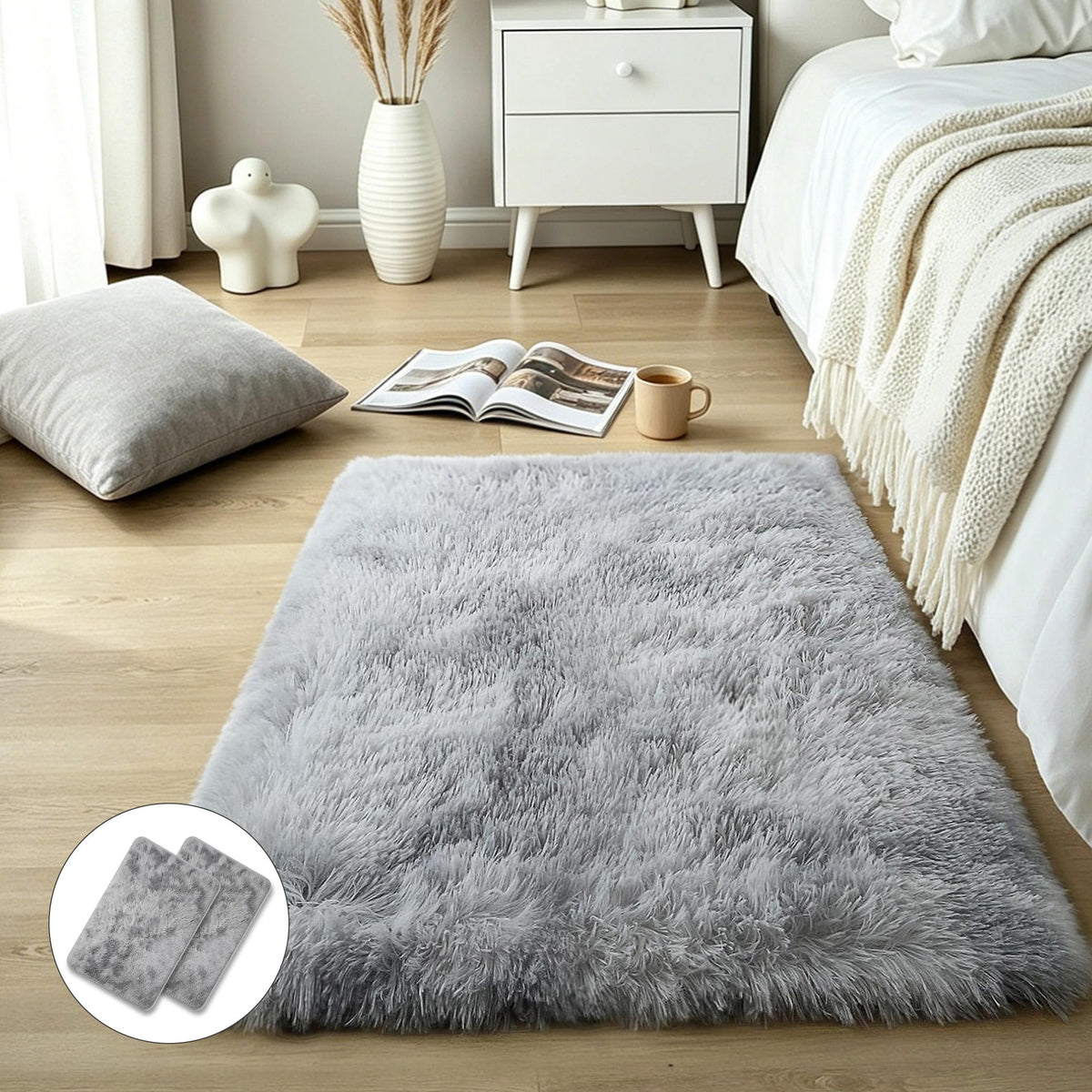 4x6 Light Grey Fluffy Shag Rug for Bedroom, Plush Washable Carpet