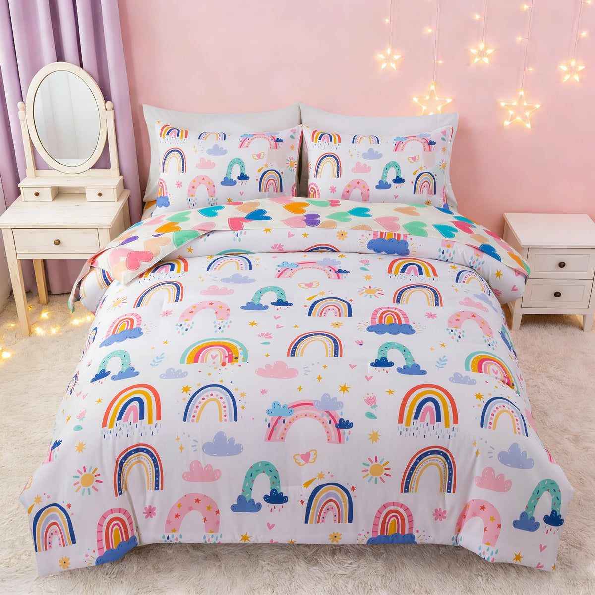 Btargot 5 Piece Full Size Pink Rainbow Comforter Set for Girls Boys Kids, Cartoon Cartoon Butterfly Bedding Set, Bed in a Bag with Comforter, Sheets and Pillowcases