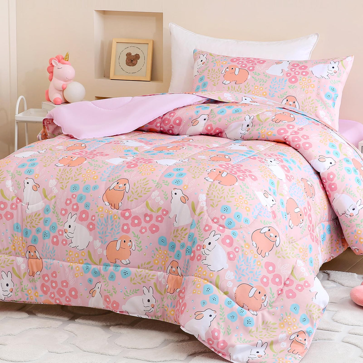Twin Size Pink Check Comforter Set for Kids, Toddler, Boys&Girls, 4 Pieces Bed-in-a-Bag Bedding Set, All Season Ultra Soft Oeko TEX Sheets Set with Comforter, (Pink Bow)