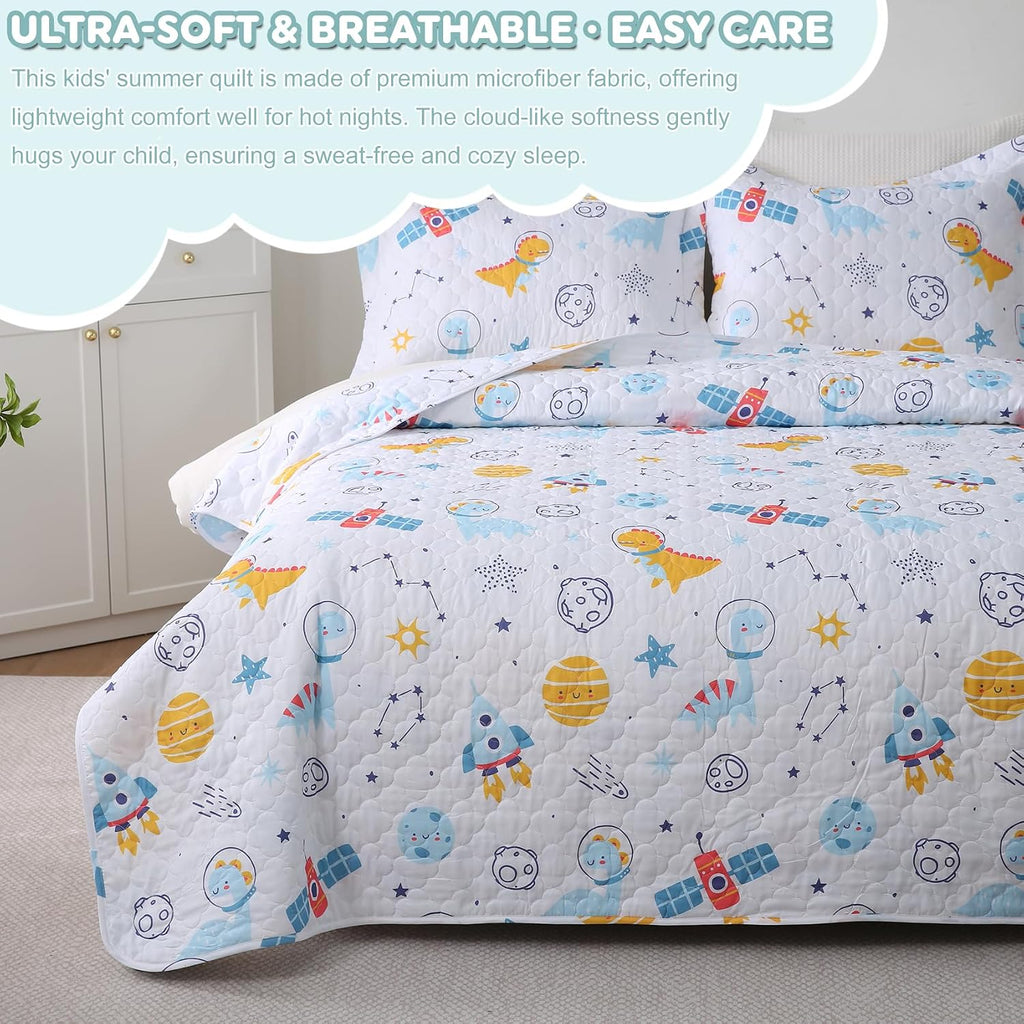 Dinosaur Space Rocket Themed Quilt Set Full Size for Boys,3 Pieces