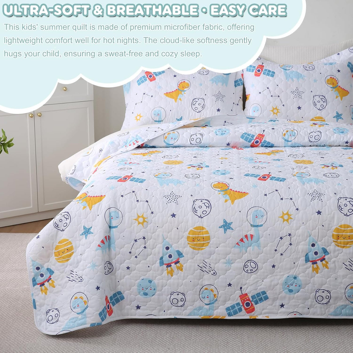 Dinosaur Space Rocket Themed Quilt Set Full Size for Boys,3 Pieces