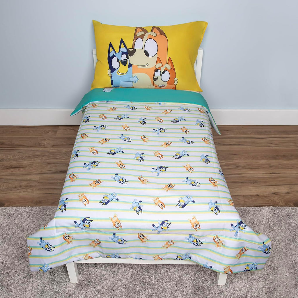 Bluey 4 Piece Toddler Bedding Set – Includes Comforter, Sheet Set – Fitted Top Sheet Reversible Pillowcase for Boys or Girls Bed, Blue