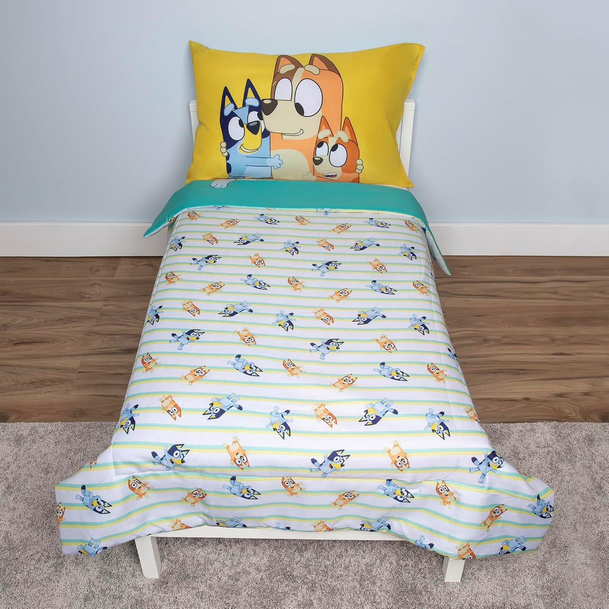 Bluey 4 Piece Toddler Bedding Set – Includes Comforter, Sheet Set – Fitted Top Sheet Reversible Pillowcase for Boys or Girls Bed, Blue