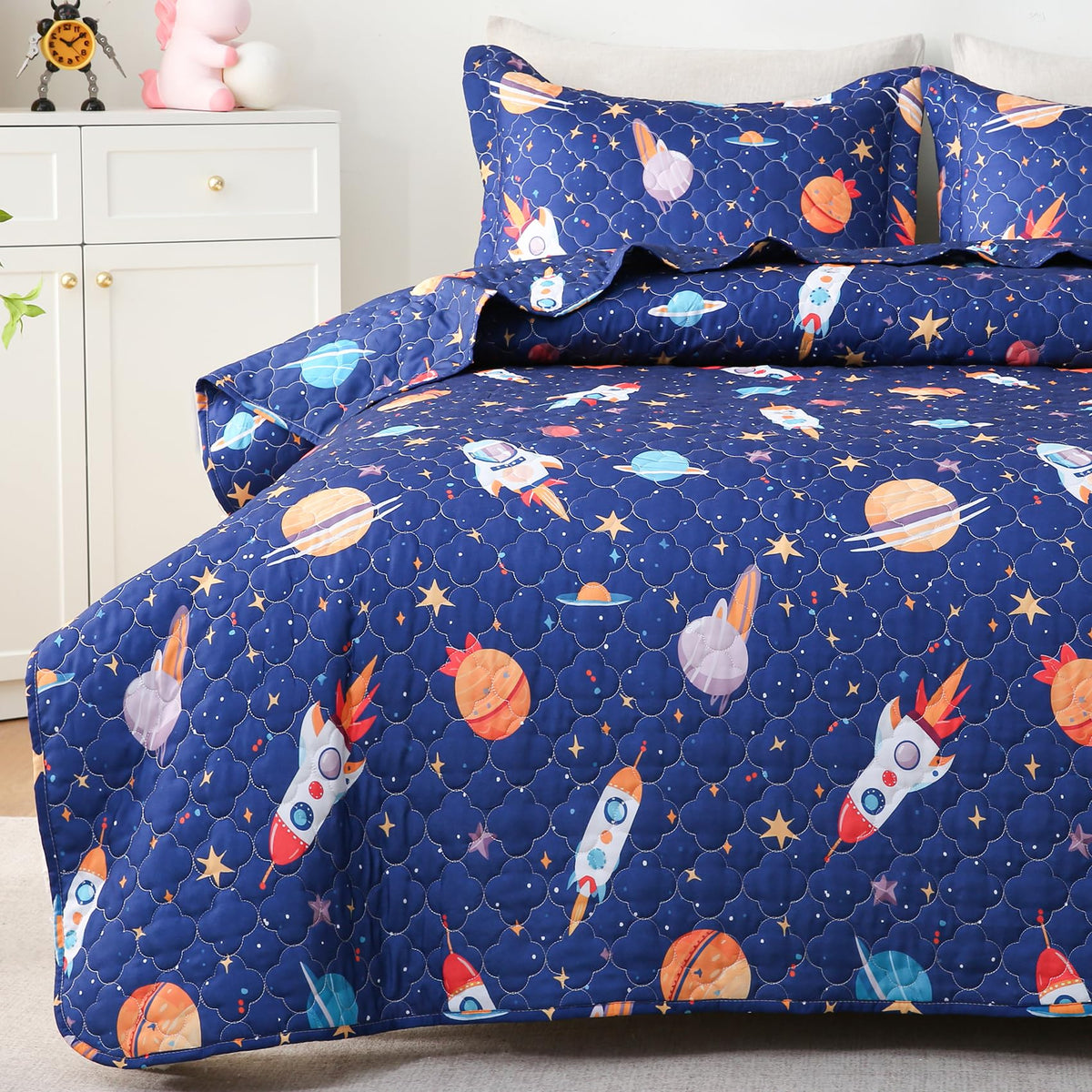 Dinosaur Space Rocket Themed Quilt Set Full Size for Boys,3 Pieces