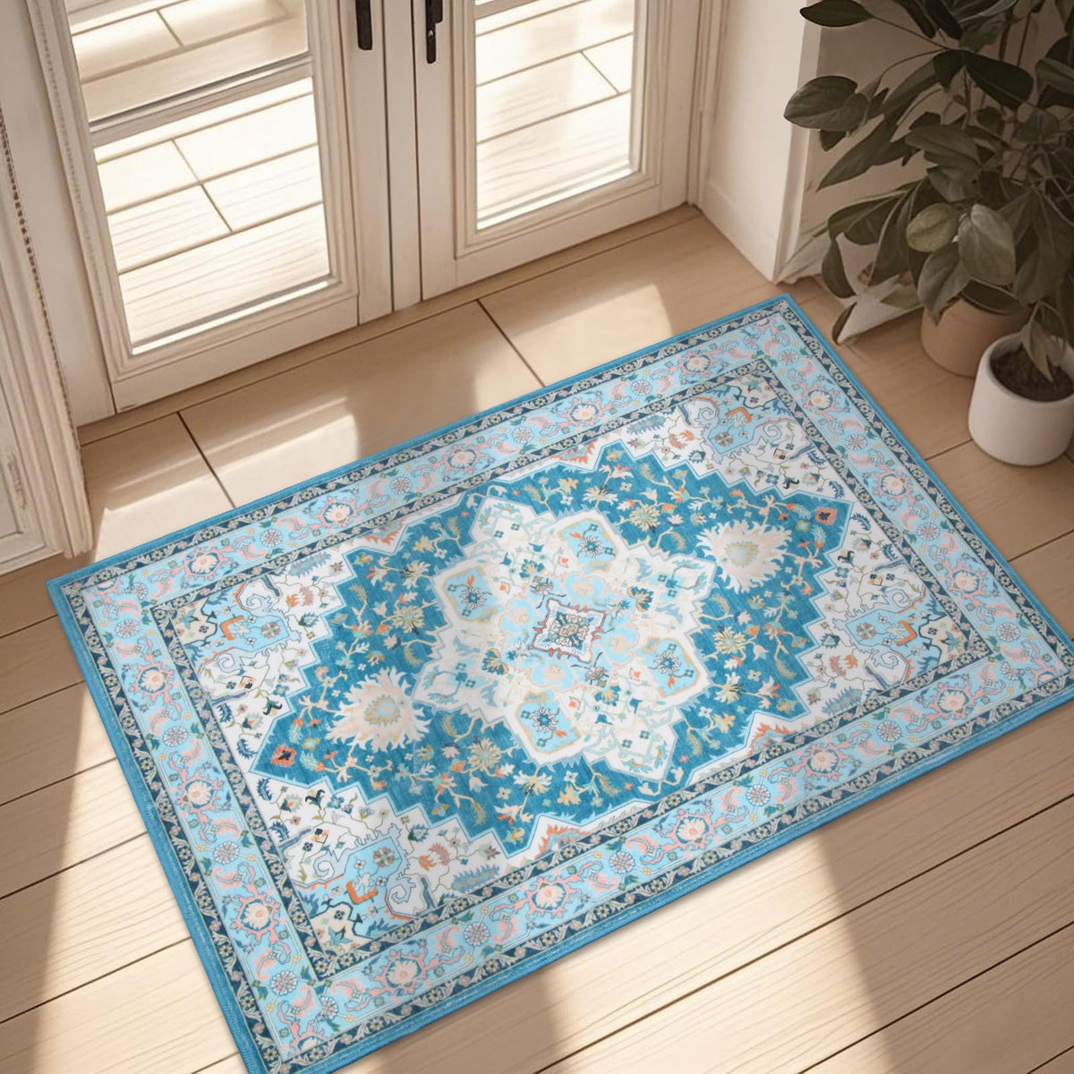 WILLSUN Washable Area Rugs, 5x7 Non-Slip Boho Large Area Rugs for Living Room, Bedroom, Machine Washable Vintage Rug, Indoor Floral Print Carpet for Home Decor, Kid & Pet Friendly Mat