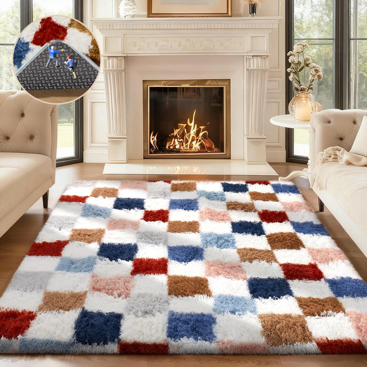Ophanie Round Rugs 5Ft Ivory Circle Area Rug,Baby Nursery Living Room Bedroom Decor Circular Carpet 5 Foot,Fluffy Fuzzy Shag Plush Cream for Kids Boys Girls Teen with Over 99 pcs Pile fibers