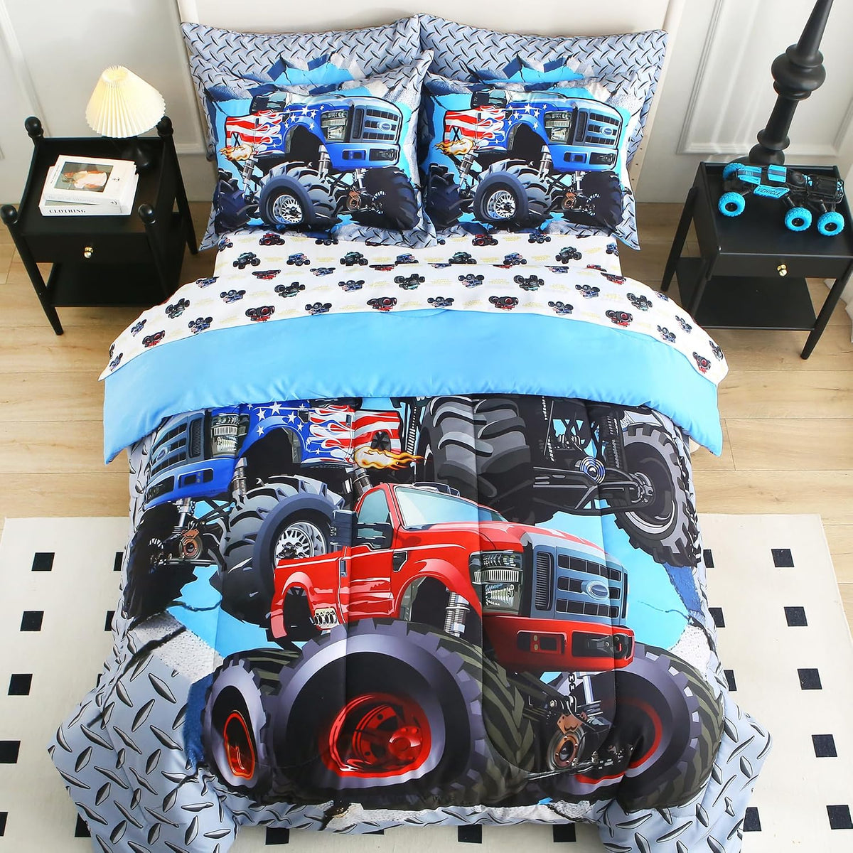 lasoftan Kids' Monster Truck Bedding Set, 7-Piece Soft Fluffy Bed-in-a-Bag with Comforter, Fitted Sheet, Flat Sheet, Pillowcase, Pillow Sham, Deep Pocket 15", All-Season, Monster Jam, Full