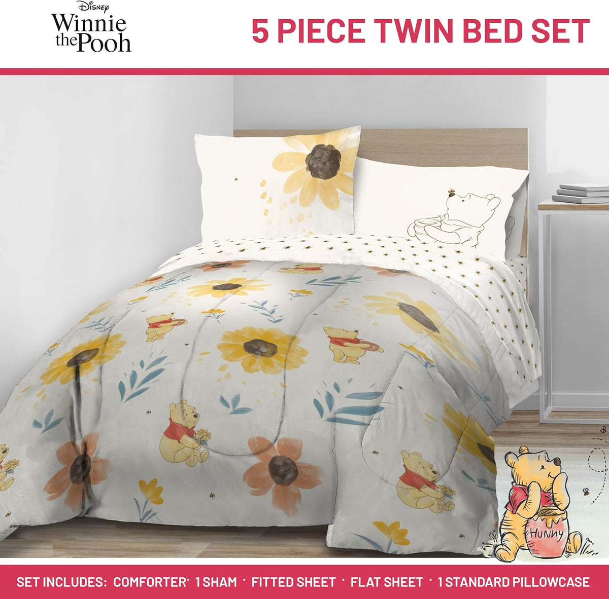 Disney Winnie The Pooh Twin Comforter Set 5 Piece Cartoon Bedding, Beige