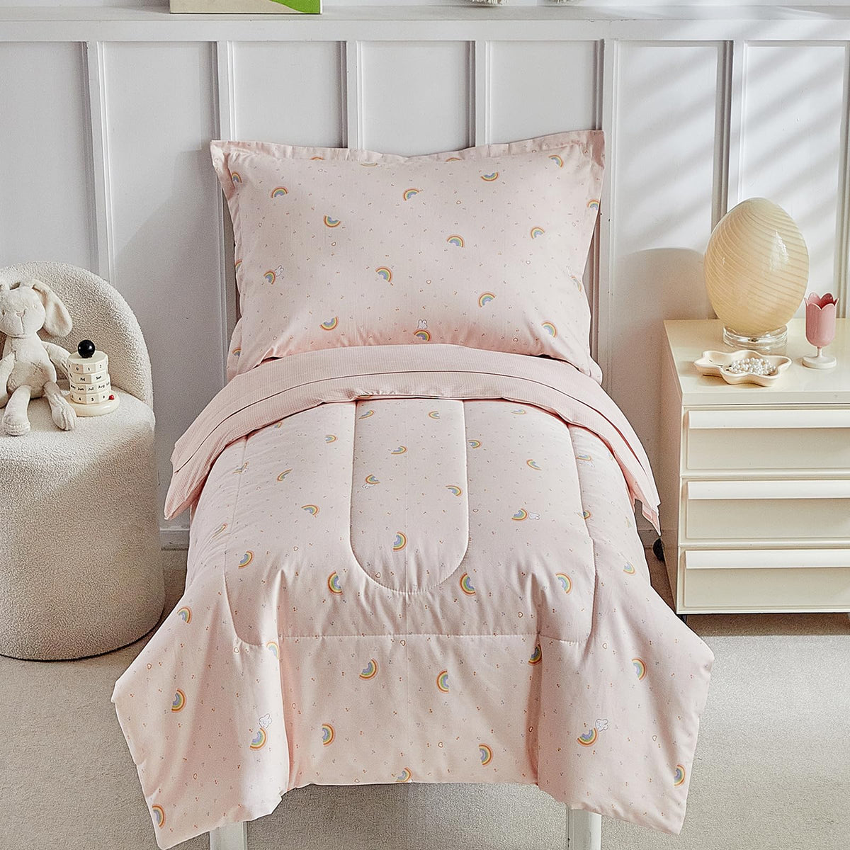 DuShow Floral 4 Piece Girls Toddler Bed Comforter Set Pink Flower Reversible Toddler Bedding Set Soft Baby Crib Bed Sheets Set in a Bag | Include Quilt Comforter,Flat Sheet,Fitted Sheet,Pillowcase