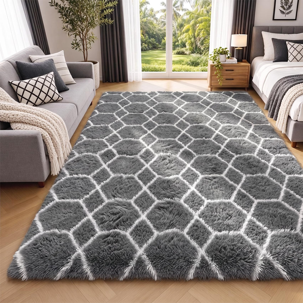 Area Rugs for Bedroom Living Room, 4x6 Fluffy Grey and Black Geometric Rug