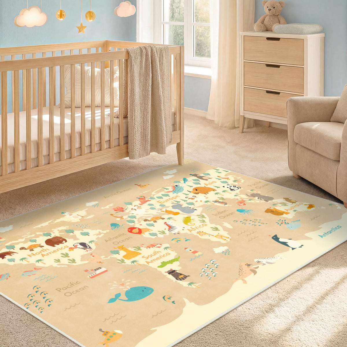 Hazo Haus Washable Kids Playroom Rug – 5x7 Play Rug for Preschool Toddlers, Girls, Educational with Cute Animals – Non-Slip, Stain Resistant, Soft & Safe for Bedroom, Play Room and Classroom - Blue