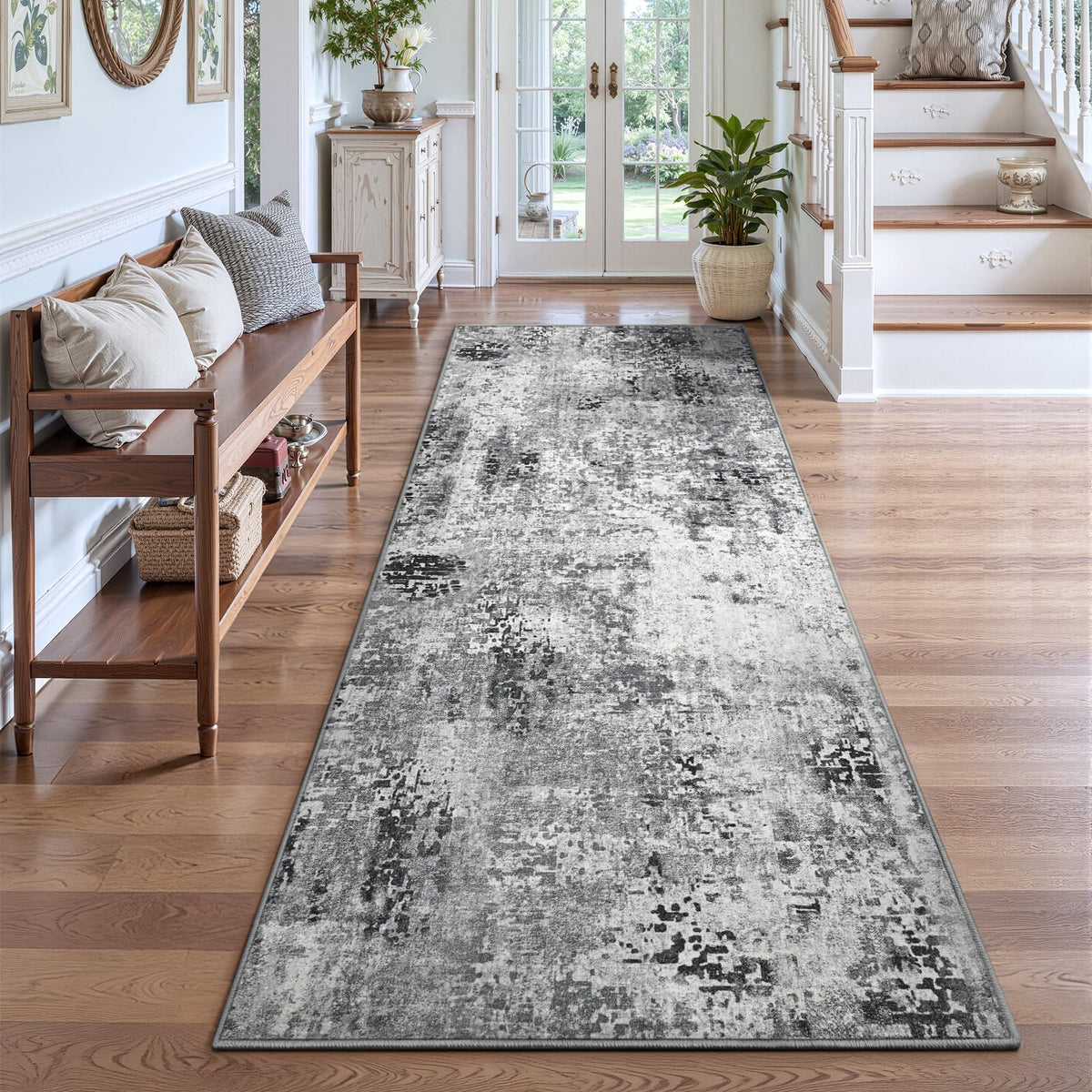 Living Room Rug 5x7 Gray Area Rug Machine Washable Boho Rug Non Slip Abstract Vintage Indoor Large Rugs for Bedroom, Classroom, College Dorm, Farmhouse, Dining Room, Kids Playroom