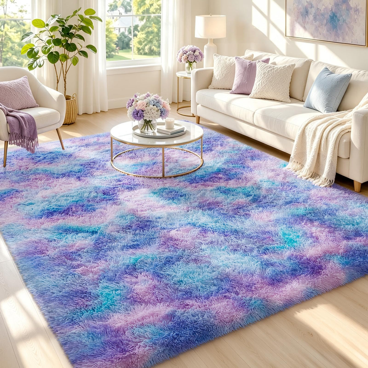 Ophanie Round Rugs 5Ft Ivory Circle Area Rug,Baby Nursery Living Room Bedroom Decor Circular Carpet 5 Foot,Fluffy Fuzzy Shag Plush Cream for Kids Boys Girls Teen with Over 99 pcs Pile fibers
