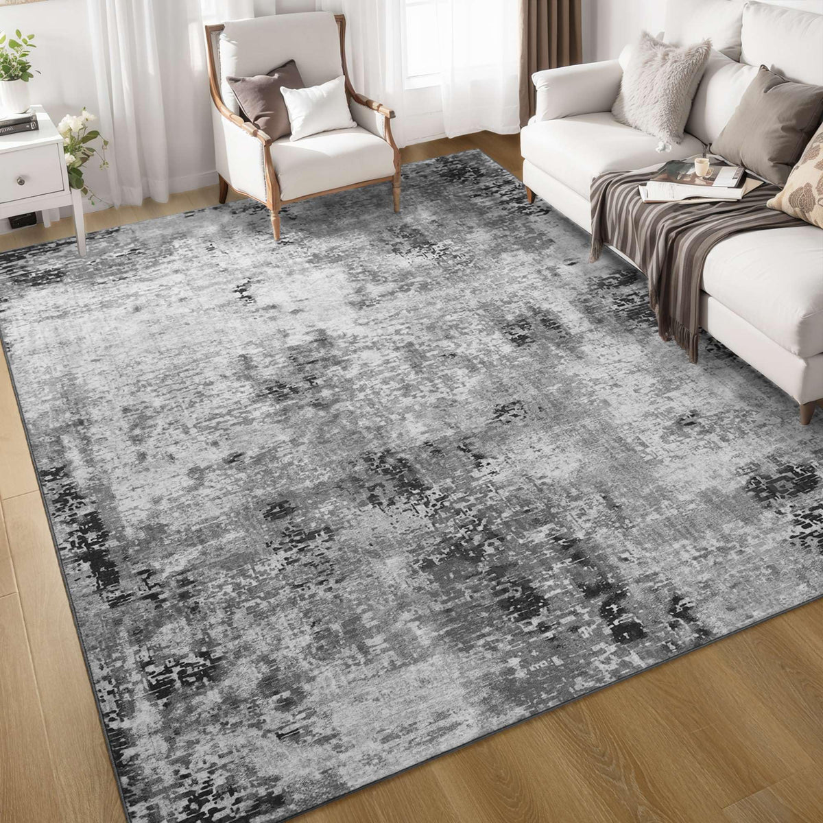 Living Room Rug 5x7 Gray Area Rug Machine Washable Boho Rug Non Slip Abstract Vintage Indoor Large Rugs for Bedroom, Classroom, College Dorm, Farmhouse, Dining Room, Kids Playroom