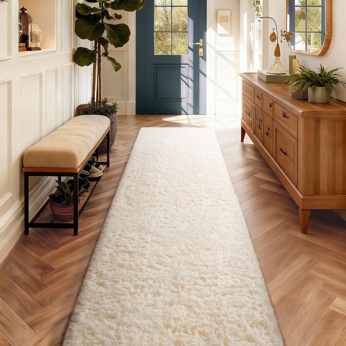 Ophanie Round Rugs 5Ft Ivory Circle Area Rug,Baby Nursery Living Room Bedroom Decor Circular Carpet 5 Foot,Fluffy Fuzzy Shag Plush Cream for Kids Boys Girls Teen with Over 99 pcs Pile fibers