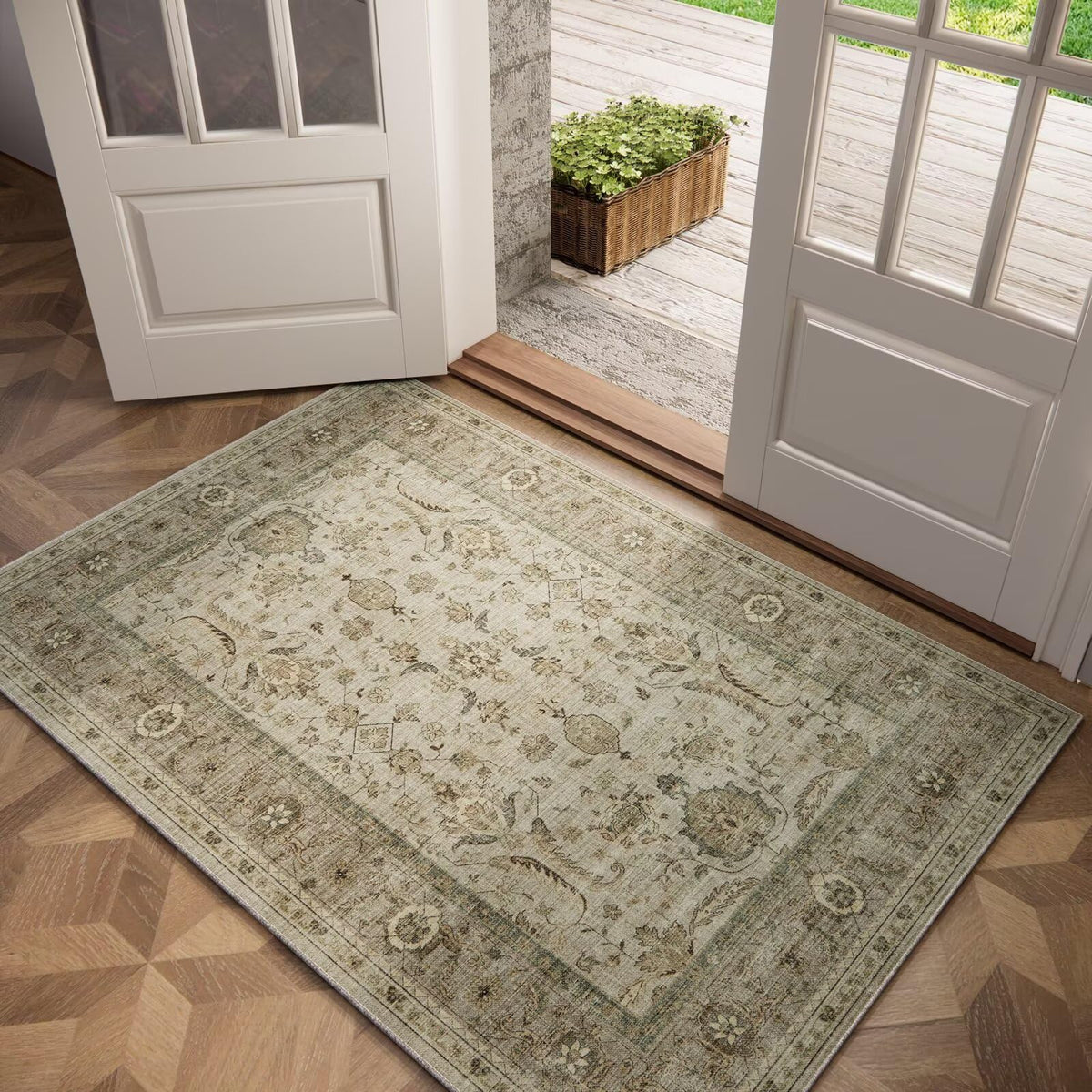 Washable 10x14 Area Rugs for Living Room, Ivory/Sage Gold