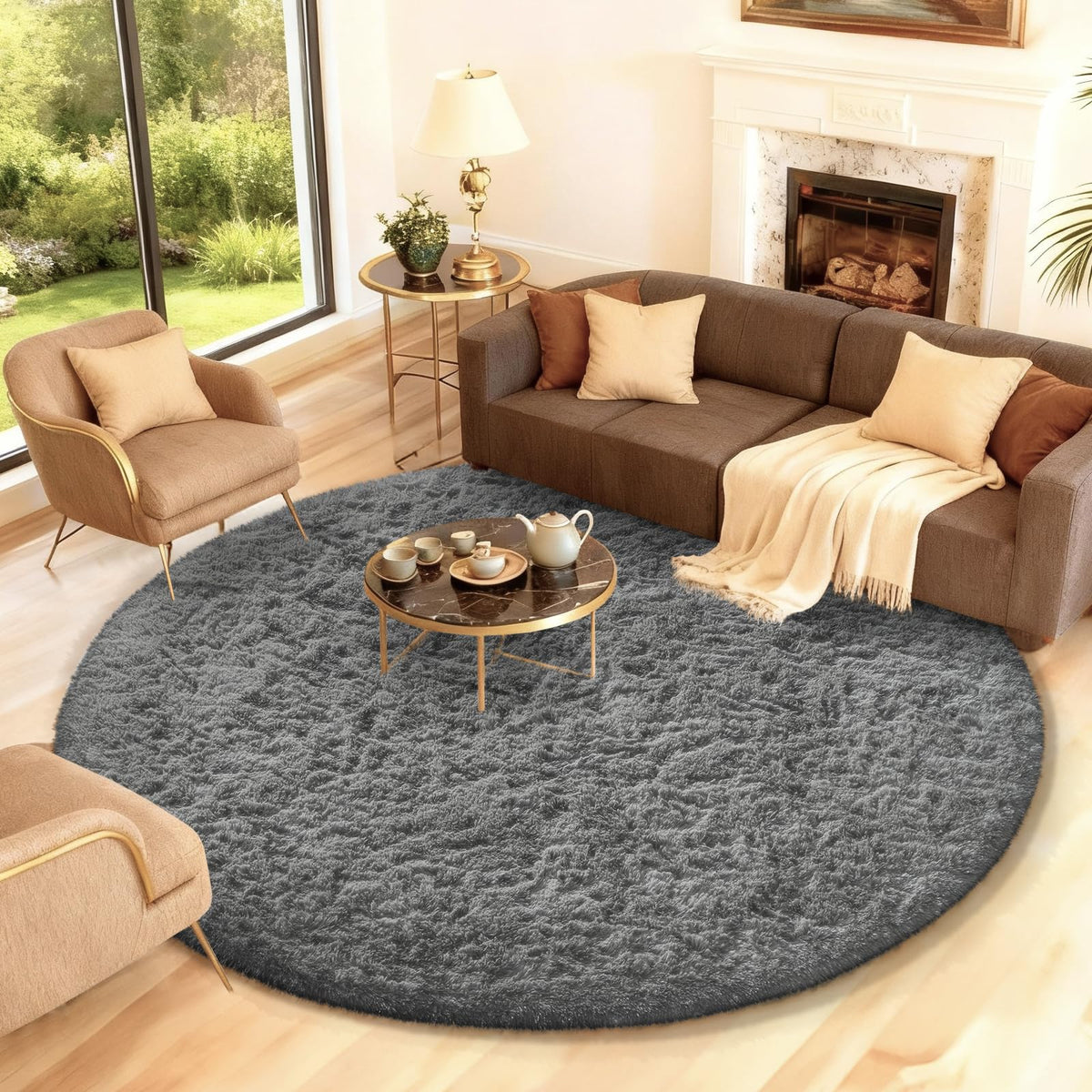 Ophanie Round Rugs 5Ft Ivory Circle Area Rug,Baby Nursery Living Room Bedroom Decor Circular Carpet 5 Foot,Fluffy Fuzzy Shag Plush Cream for Kids Boys Girls Teen with Over 99 pcs Pile fibers