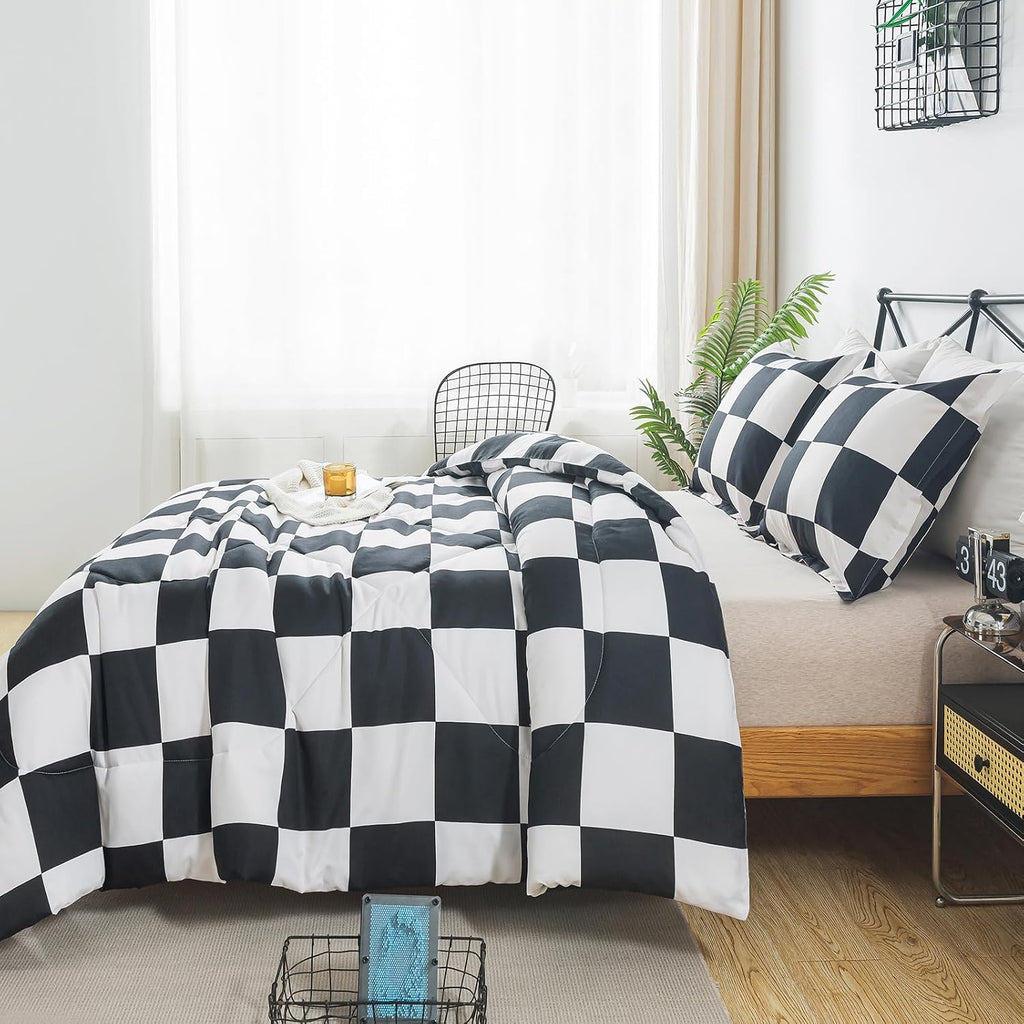 Caressma Black White Checkered Comforter Set, Twin Size Boys Bedding Set