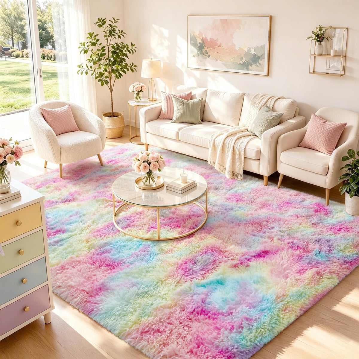 Ophanie Area Rugs for Bedroom, Christmas Upgrade Non-Slip Ivory Fluffy Soft Shag Living Room Carpet, Indoor Floor 4x6 Fuzzy Shaggy Plush Nursery Rug for Kids Dorm Decor with Over 99 pcs Pile fibers