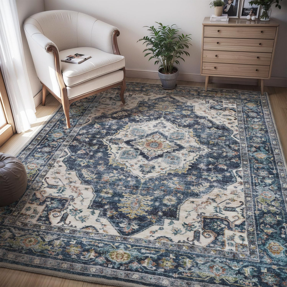 AMOAMI-Area Rug 5X7 Rugs for Living Room-Vintage Soft Beige Rugs for Bedroom-Non Slip Carpet-Machine Washable Rug for Dining Room Living Room Bedroom Office Under Table-Beige
