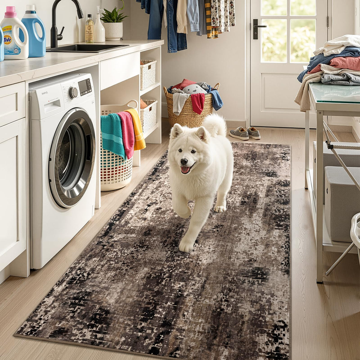Living Room Rug 5x7 Gray Area Rug Machine Washable Boho Rug Non Slip Abstract Vintage Indoor Large Rugs for Bedroom, Classroom, College Dorm, Farmhouse, Dining Room, Kids Playroom